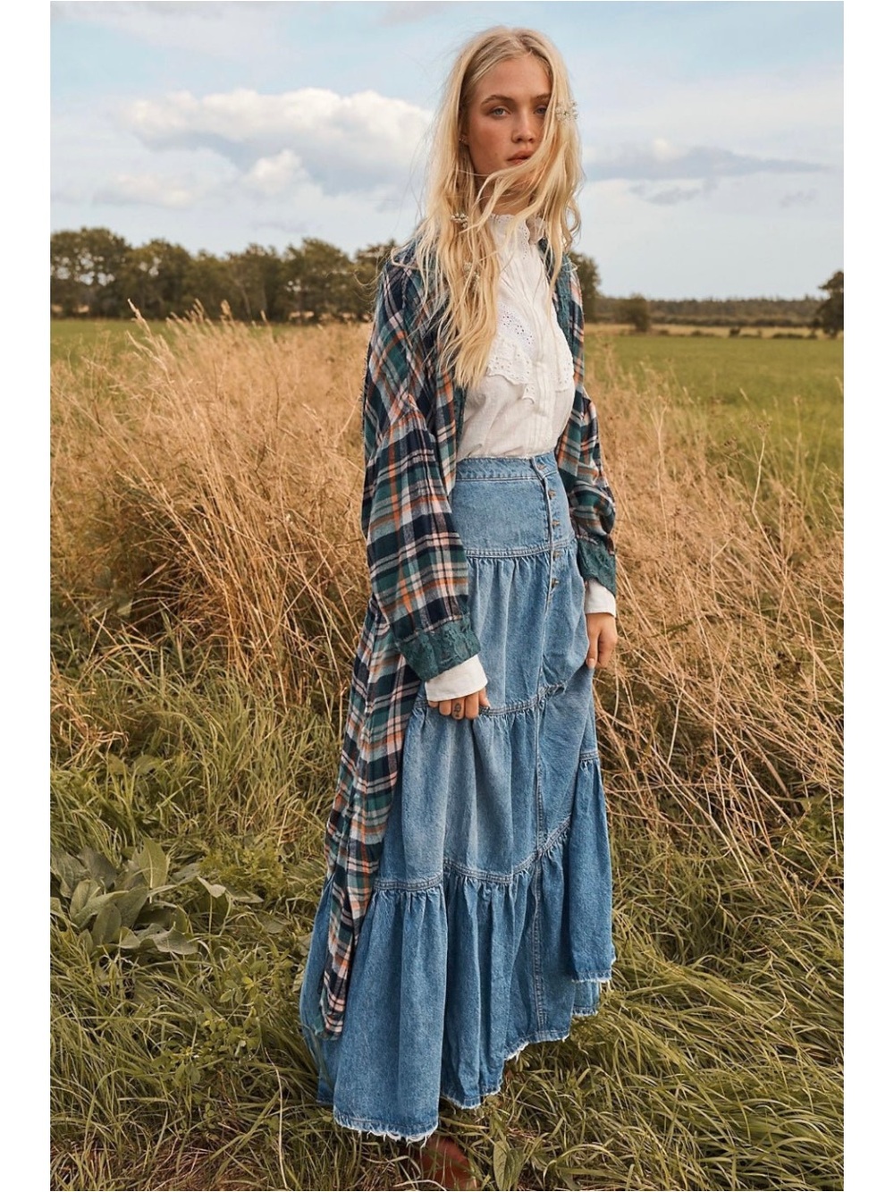 Free People Western Bohemian Dreamweaver Denim Maxi Skirt in Blue Wave Medium